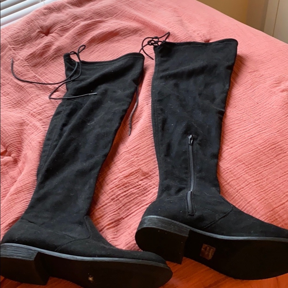 Black faux suede knee high boots